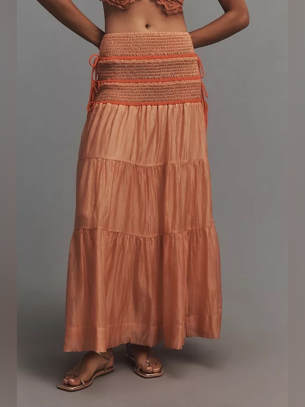 By Anthropologie Sheer Volume Maxi Skirt Small Smocked Tie Side Tiered Orange